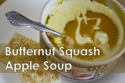 A bowl of creamy butternut squash apple soup.