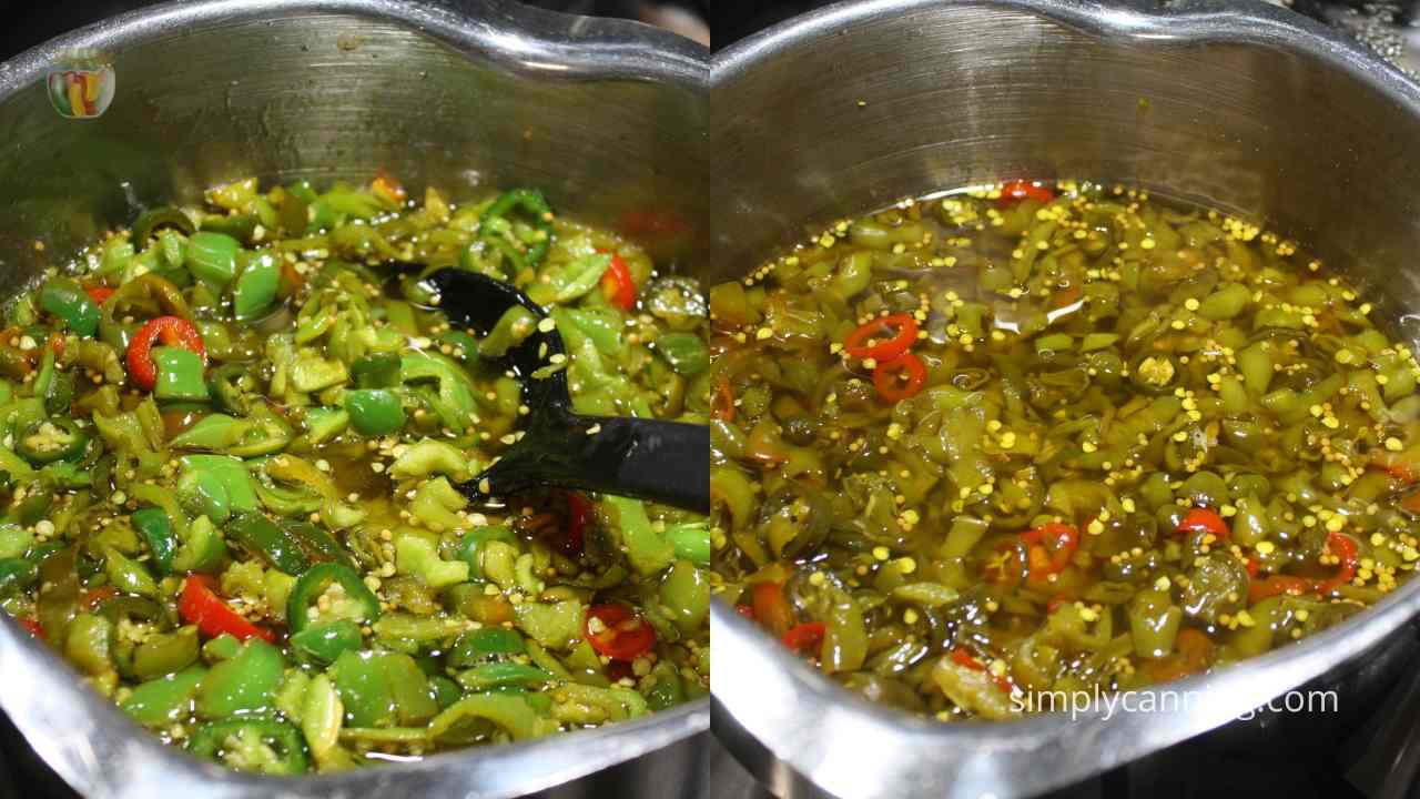 Collage of hot peppers being cooked in a brine, before and after pictures showing the change in color of the peppers.
