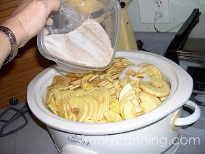 Pouring cinnamon sugar over sliced apples in a crockpot. 