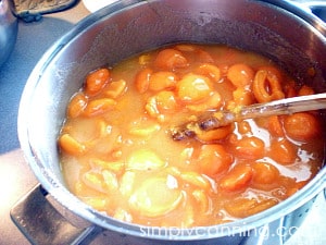 Dissolving sugar into the apricot mixture.