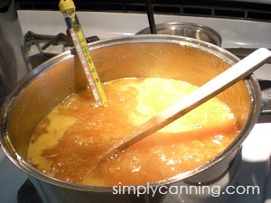 Apricot jam cooking in a pot with a thermometer.