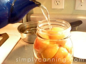 Topping off the jar of apricots with liquid poured from a tea kettle spout.