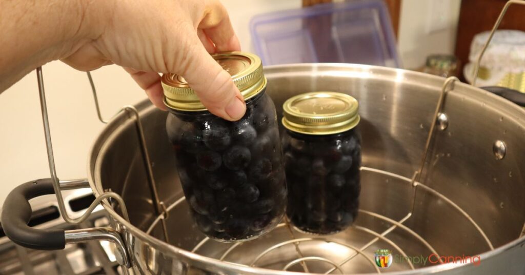 Placing 2 pint jars of blue berries in a water bath canner.