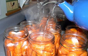 Pouring liquid into jars packed with carrots.