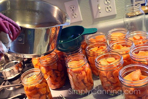 Pouring liquid into jars packed with bright orange carrots.