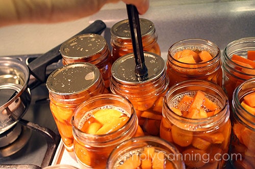 Placing flat lids on the jars of carrots using a magnetic lid lifter.