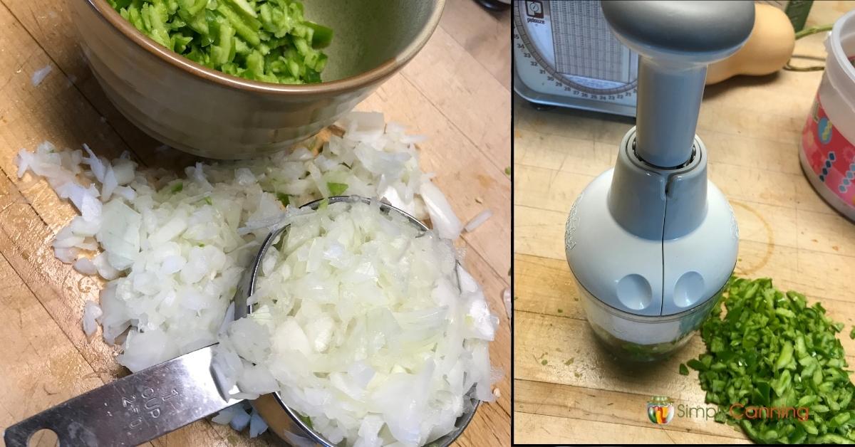 Collage of images showing chopped onion on the left side, and pampered chef food chopper with chopped green peppers on the right side.