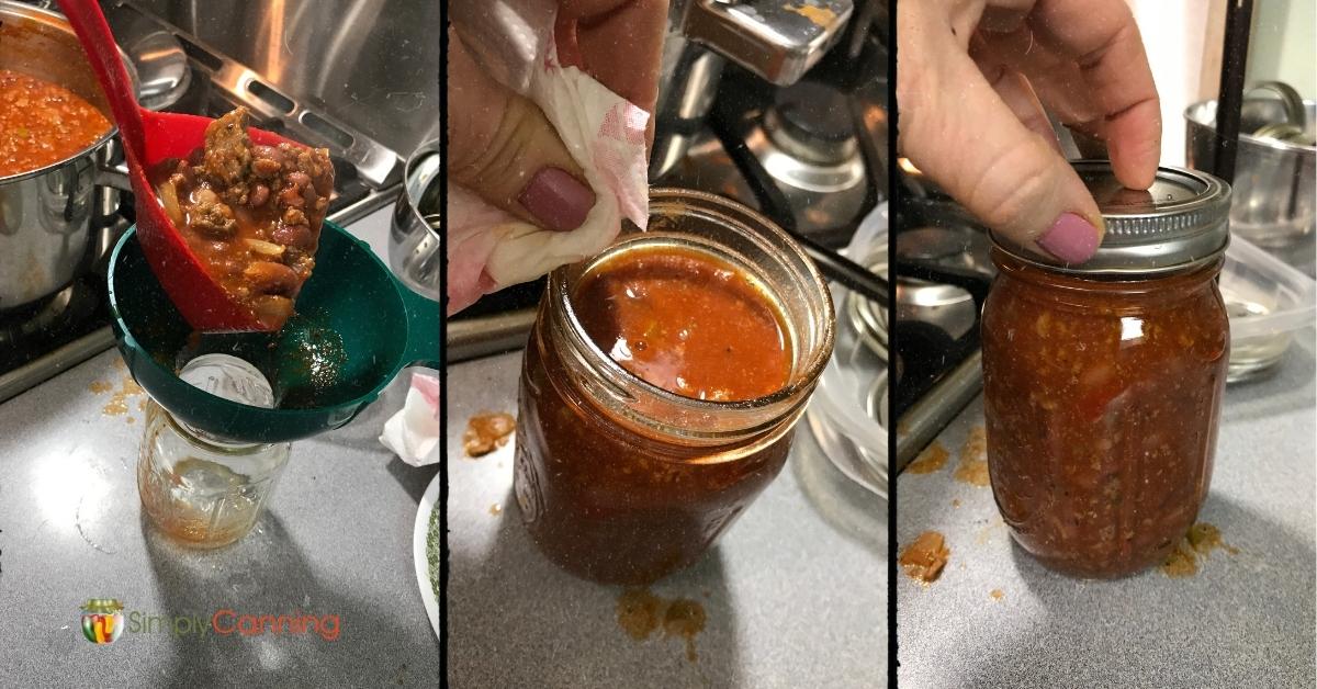 collage of 3 images showing the steps for ladling chili into jar, wiping the rim clean, placing the lid and screw bands.