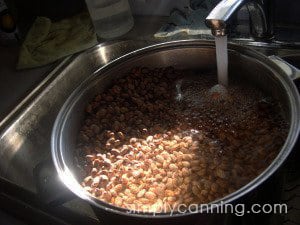 Pouring water into a pot of dried beans.