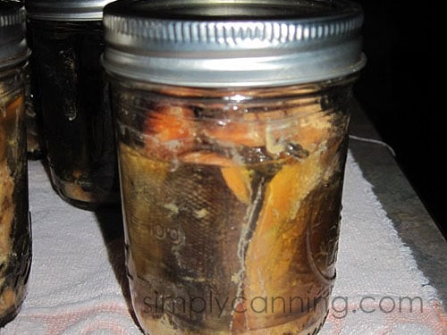 Canned fish swimming its own juices in a canning jar.