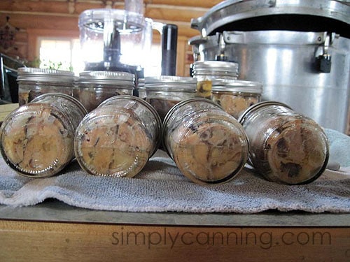 Looking up into jars packed with canned fish with a pressure canner shown behind the jars.