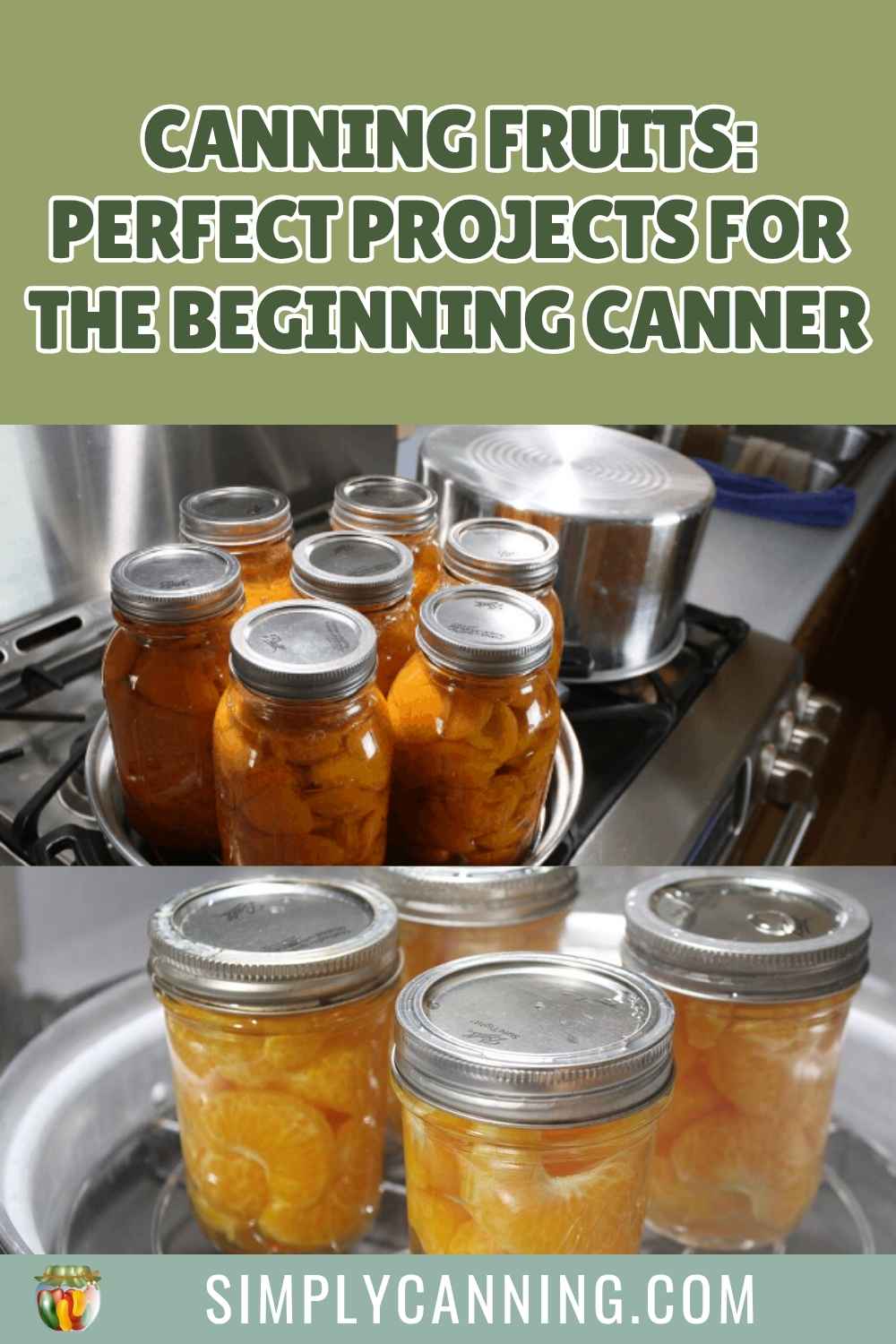 Glass jars filled with home-canned fruit sitting in a pot of water, with text that says Canning Fruits: Perfect Projects for the Beginning Canner.