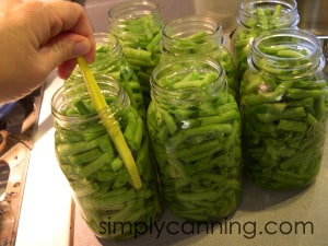 Removing bubbles from jars of raw packed green beans.