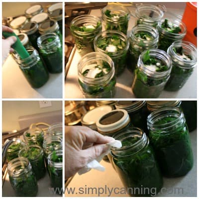 Packing greens with salt into jars and wiping rims to place lids.
