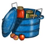 Water bath canner with jars and fruit.