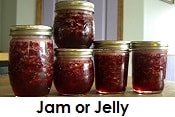 Jars of jam stacked on the counter.
