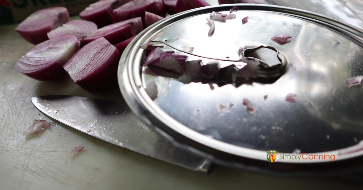 Close up of french fry blade and coarsely chopped onions.