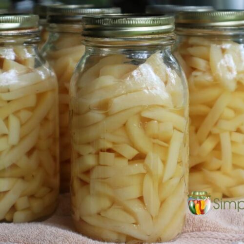 Close up of multiple quart jars of home canned french fry cut potatoes.