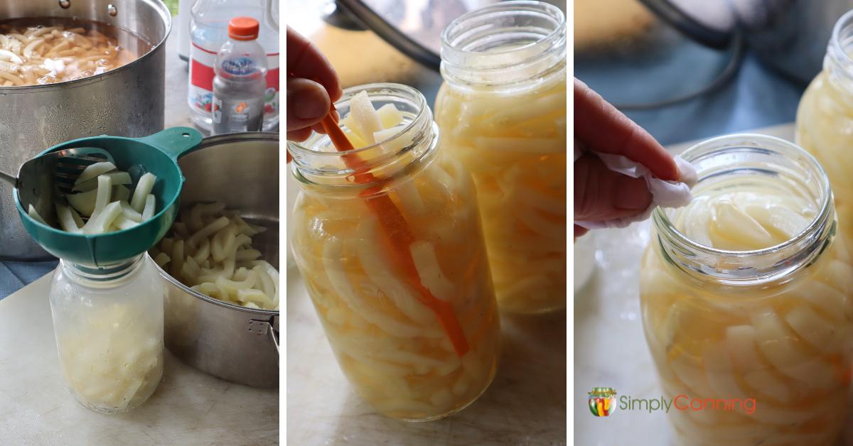 Collage of three images showing filling quart jars, removing bubbles with an orange peeler, and wiping the rim of jars of home canned potatoes.