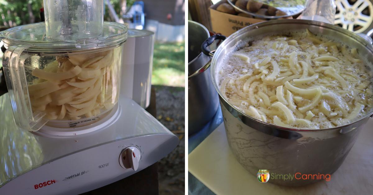 Collage with Bosch food processor cutting french fries and large pot of french fries soaking in water.