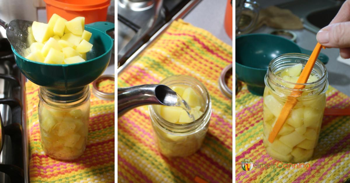 Collage of three images showing the process of filling pint size canning jar with chunky potatoes, filling with water and removing bubbles.