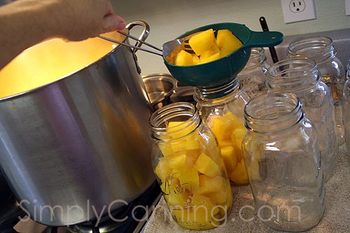 Packing hot cubes of pumpkin into clean canning jars.