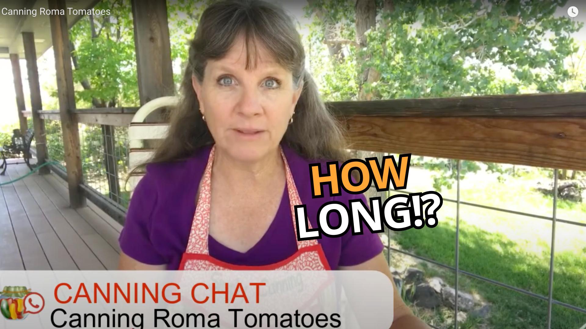 Sharon sitting at a table discussing why it takes so long when you are canning tomatoes in a water bath.