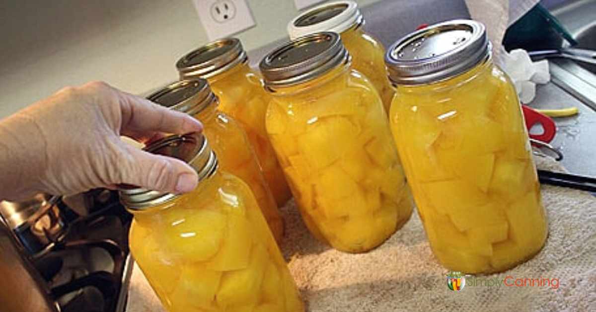 Tightening screw bands on jars of pumpkin.