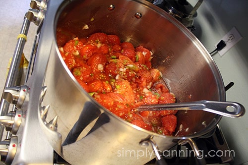Tomatoes and chopped vegetables cooking down in a large stockpot.