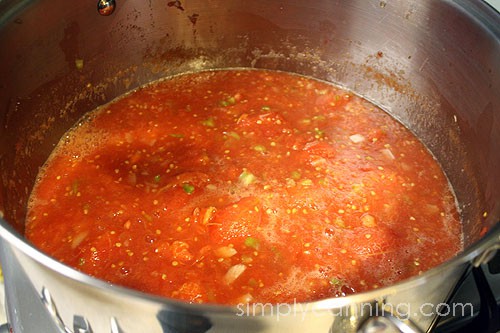 A cooked down tomato mixture with little flecks of tomato and vegetables visible.