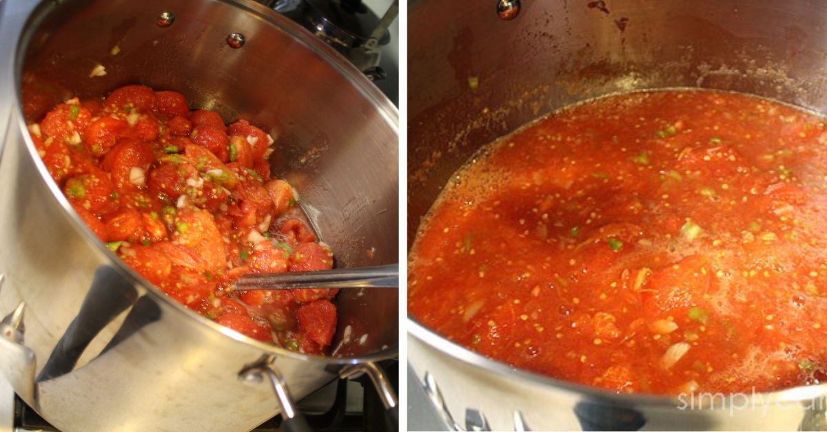 Pot of stewed tomatoes, showing the texture before cooking the tomatoes and peppers down and after.