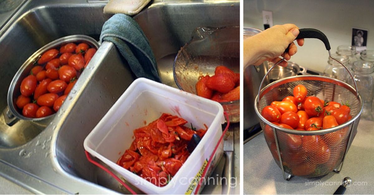 Sink with pot of tomatoes a scrap bucket and polder strainer getting ready to blanch tomatoes.