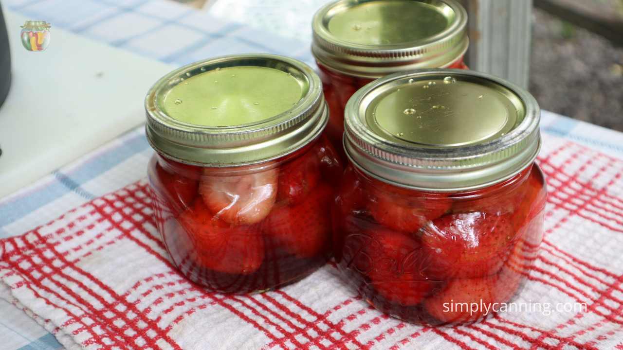 3 finished jars of strawberries sitting on a red checked dish towel. 