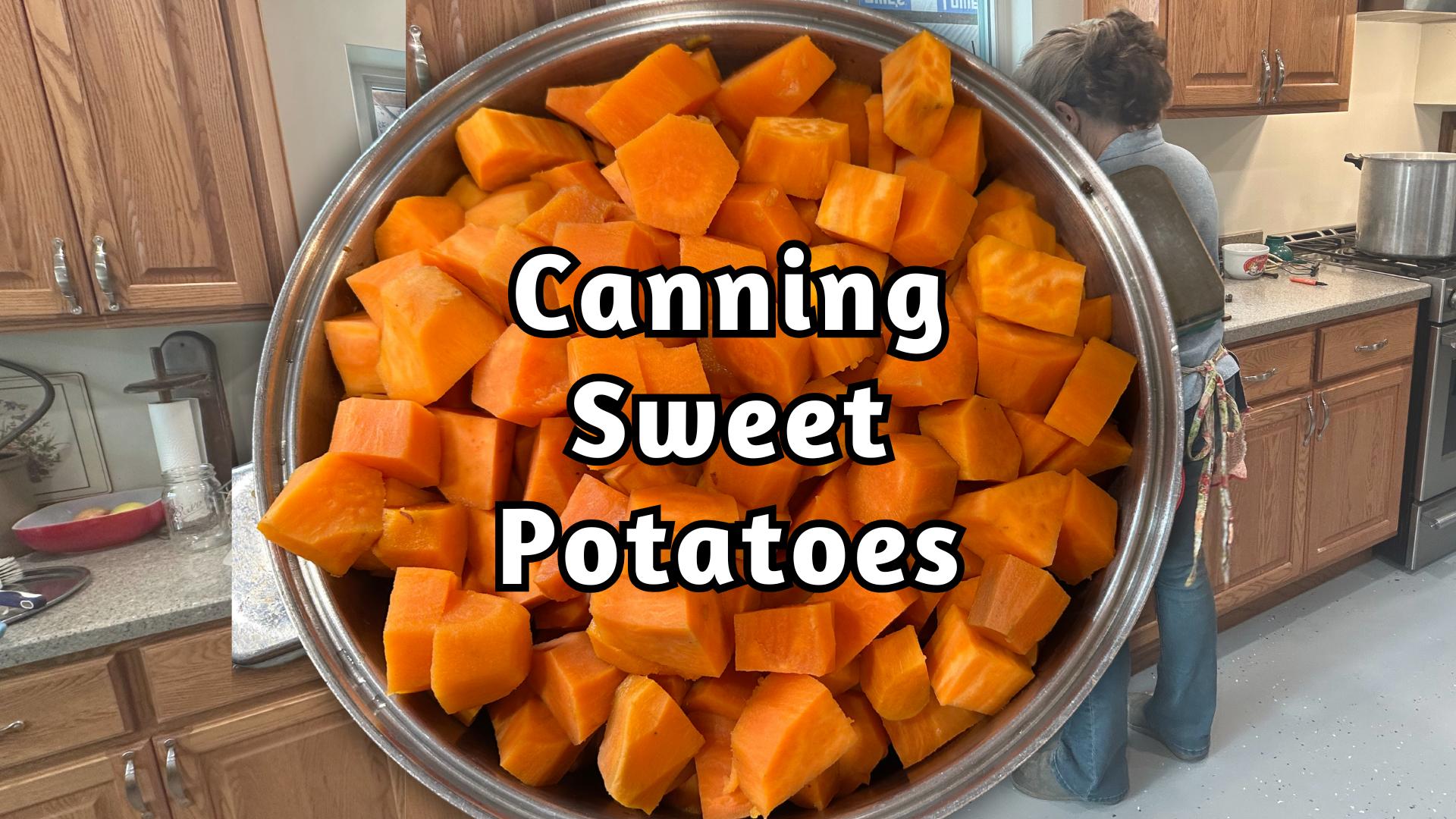 Close of a pan of peeled cubed sweet potatoes.