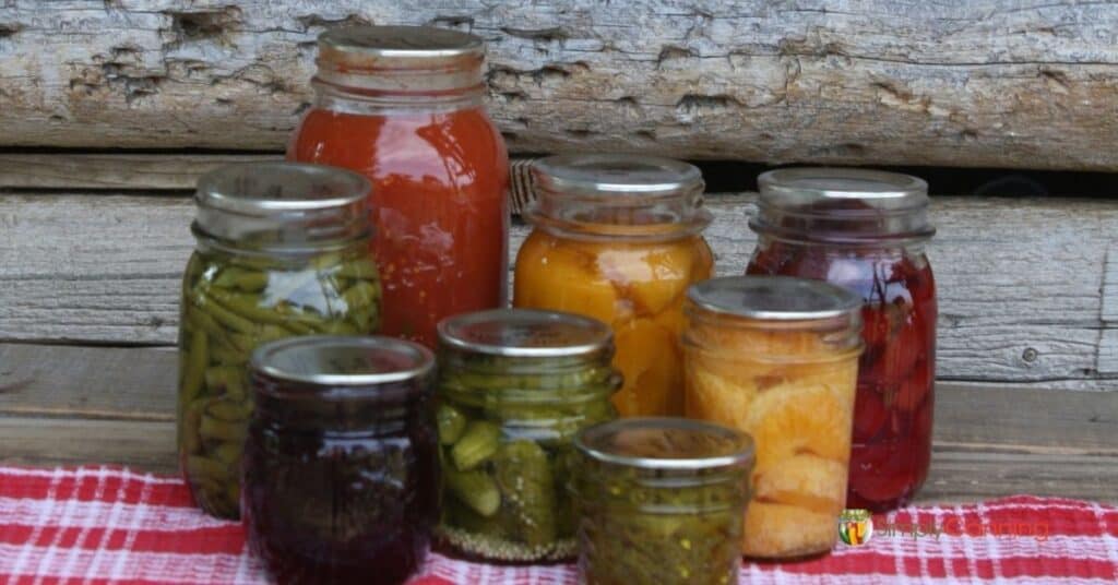 Jars of colorful home canned food sitting on a gingham cloth in front of a log background.