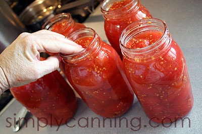 Pressing tomatoes down into quart canning jars.