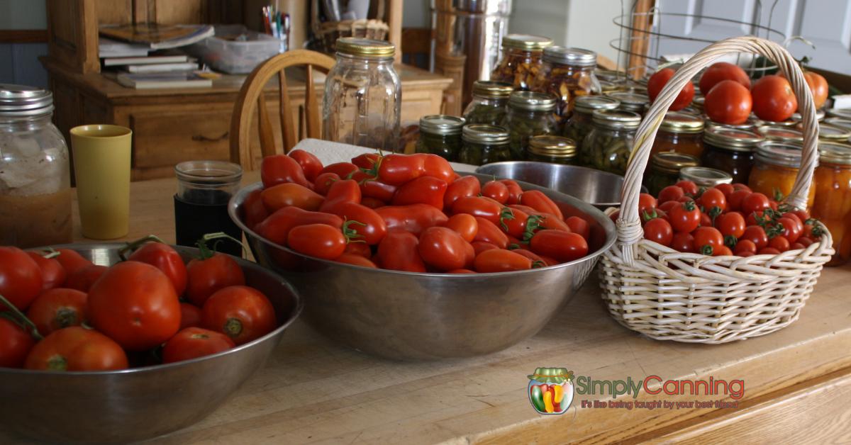 Counter with bowls and baskets full of tomatoes.