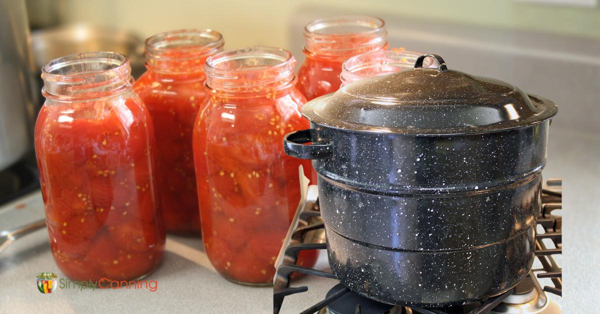 Canning tomatoes in a water bath jars of tomatoes and a traditional water bath canner.