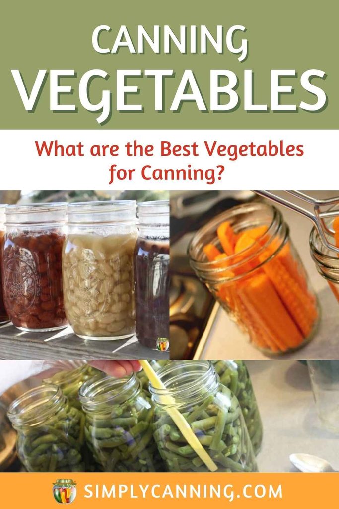 Various glass jars filled with home-canned vegetables like beans and carrots, with text that says Canning Vegetables: What are the Best Vegetables for Canning?