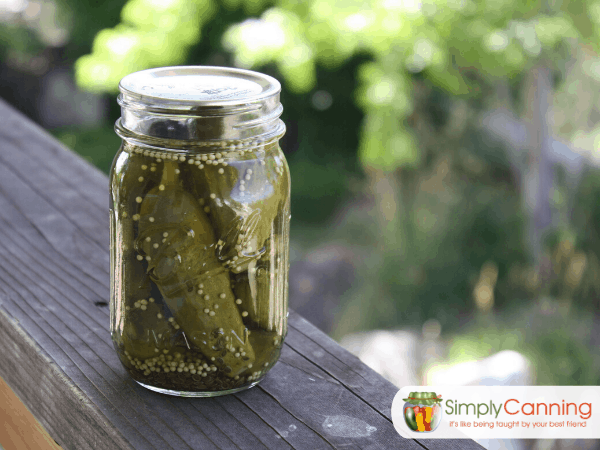 A jar packed with large cucumber pickles.