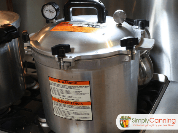 All American pressure canner sitting on the stovetop.