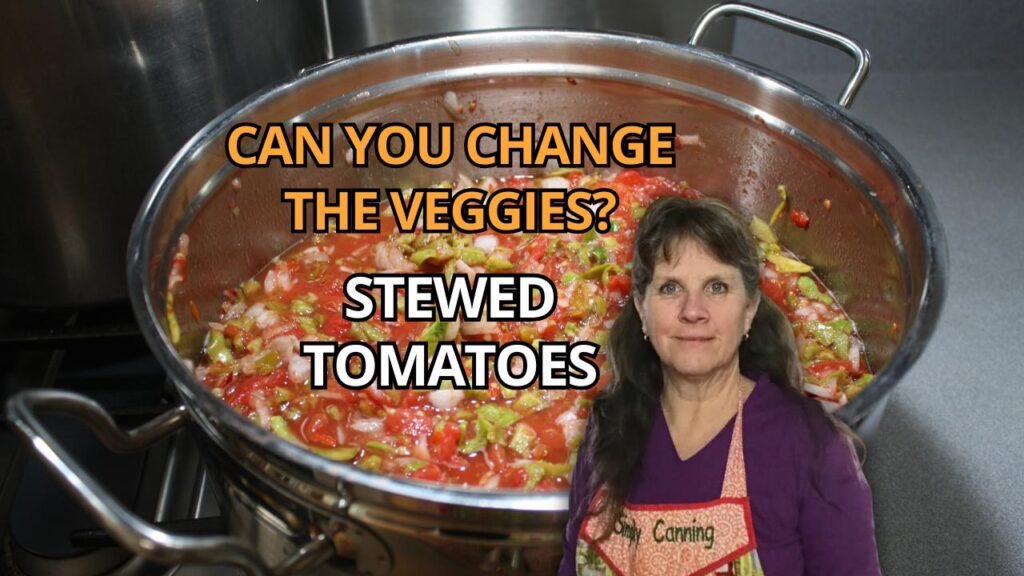 Sharon in front of a big pot of stewed tomatoes.