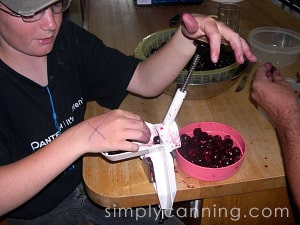 One of Sharon's sons using a white cherry pitting tool to pit cherries.