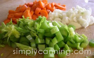 Chopped carrots and onions and celery sitting on a cutting board.