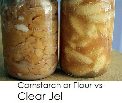 A jar of pie filling made with cornstarch or flour compared to a jar of pie filling made with Clear Jel.