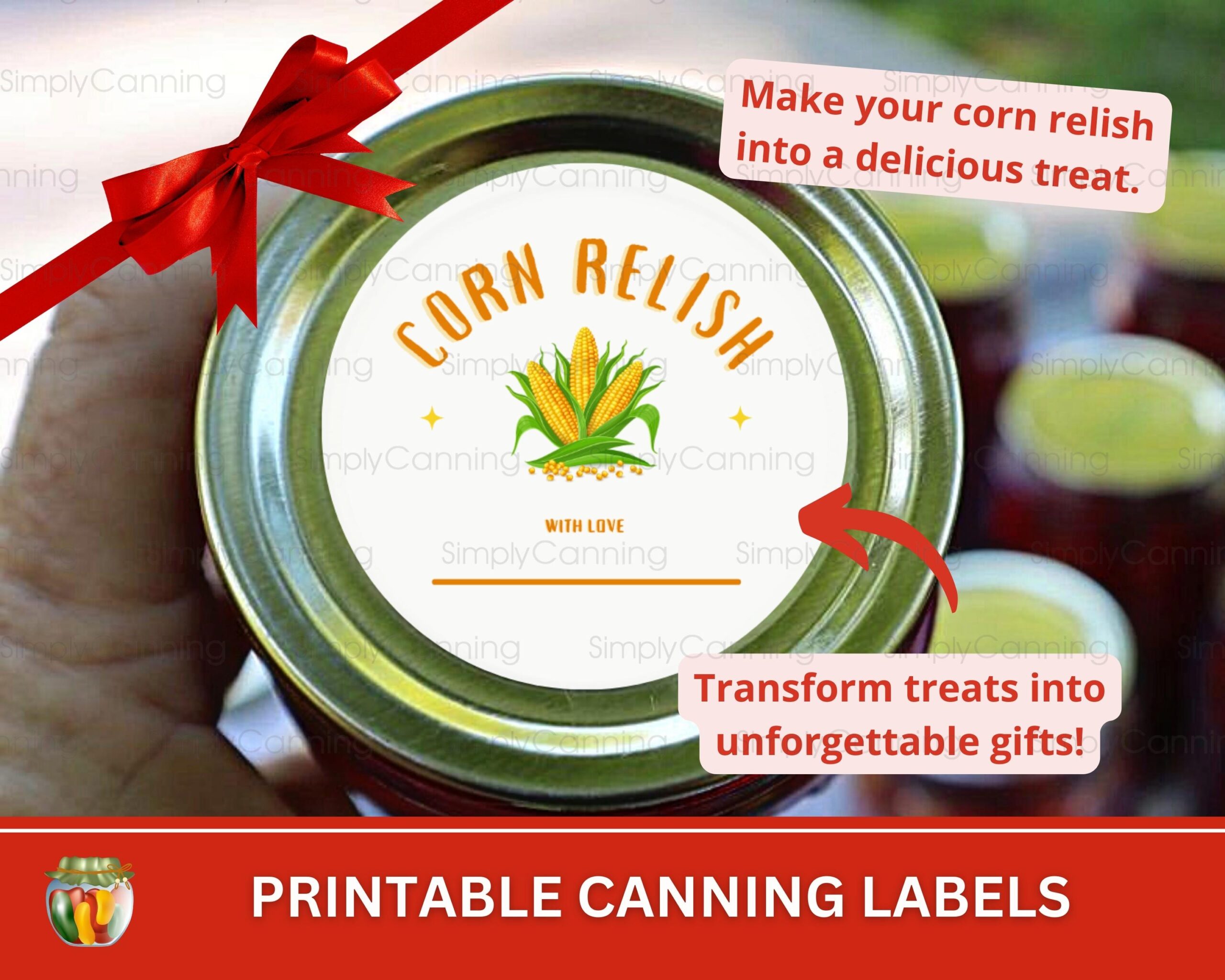 Image of corn relish canning label, links to printable canning labels to purchase.