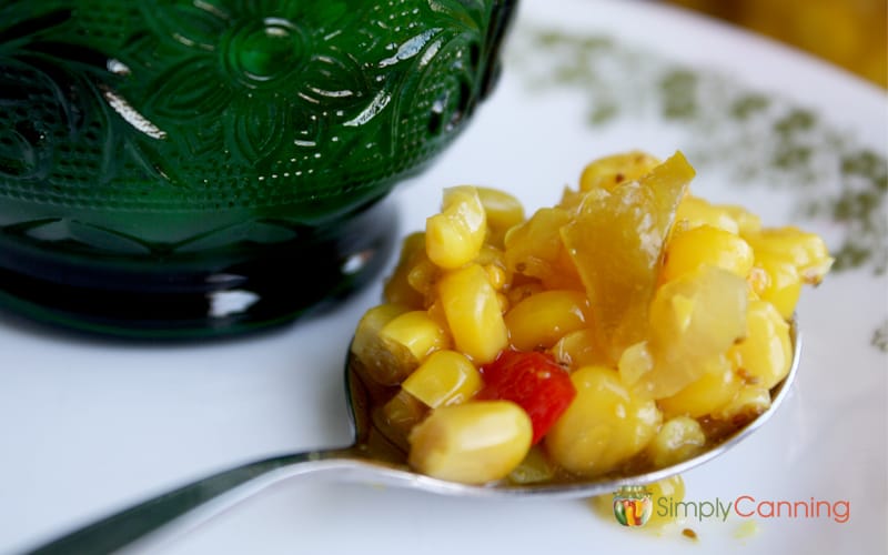 A spoonful of colorful corn relish with a fleck of red pepper in the mixture.