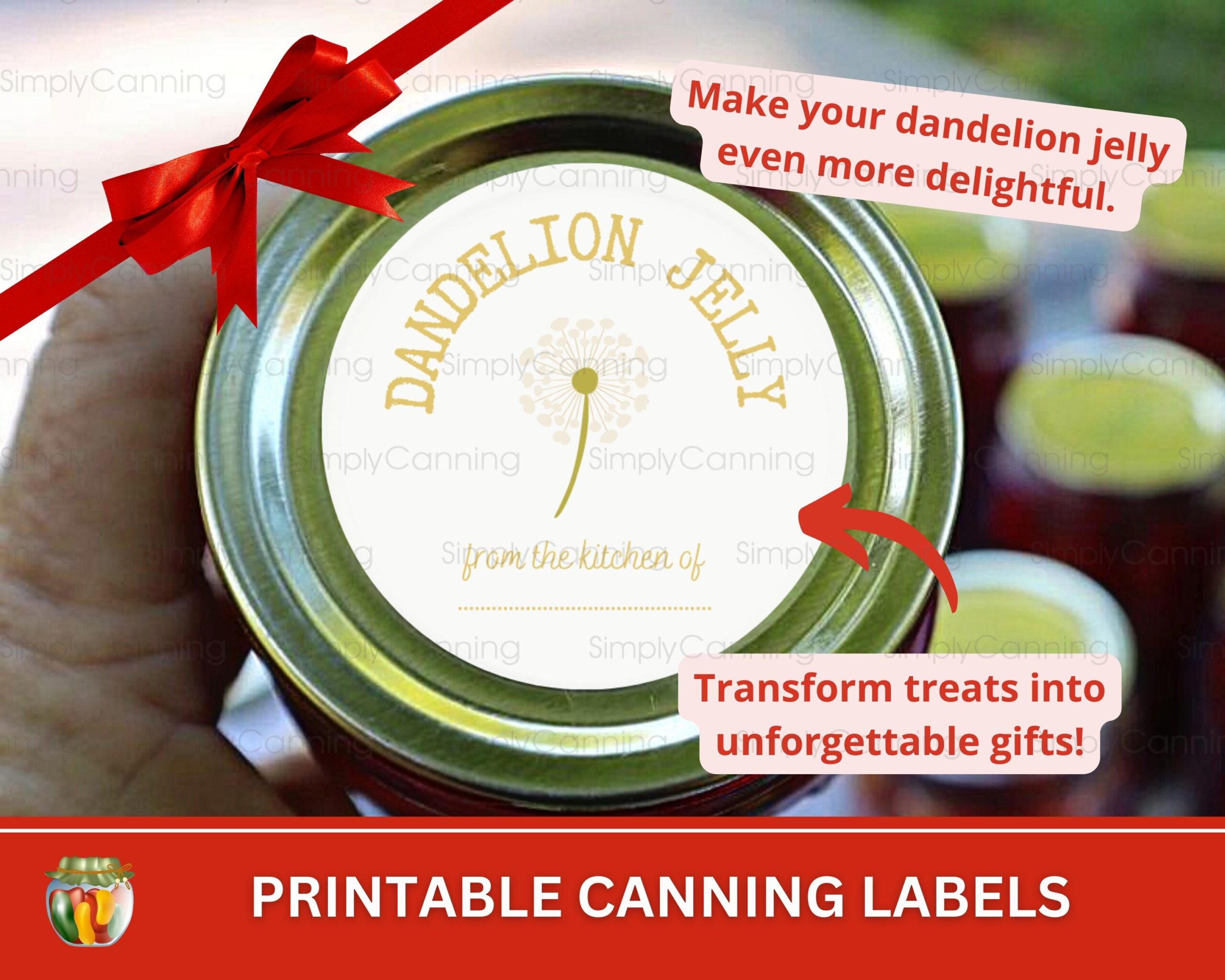 Image of dandelion jelly canning label, links to printable canning labels to purchase.