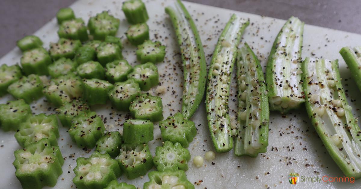 Sliced okra seasoned with black pepper.