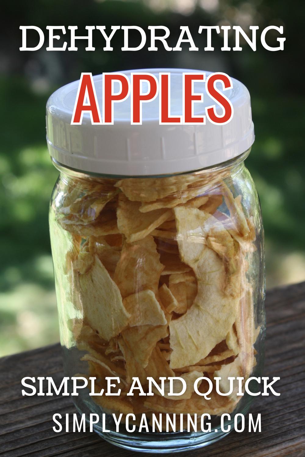 Jar of dehydrated apples, titled dehydrating apples, simplycanning.com